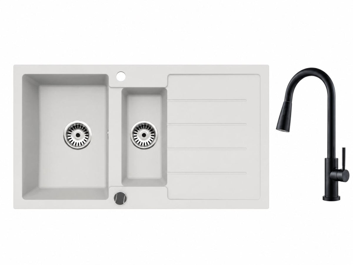 Faizee Home Granitspüle 100 × 50 cm mit 1,5 Becken – inkl. wählbarer Armatur & Siphon-Set