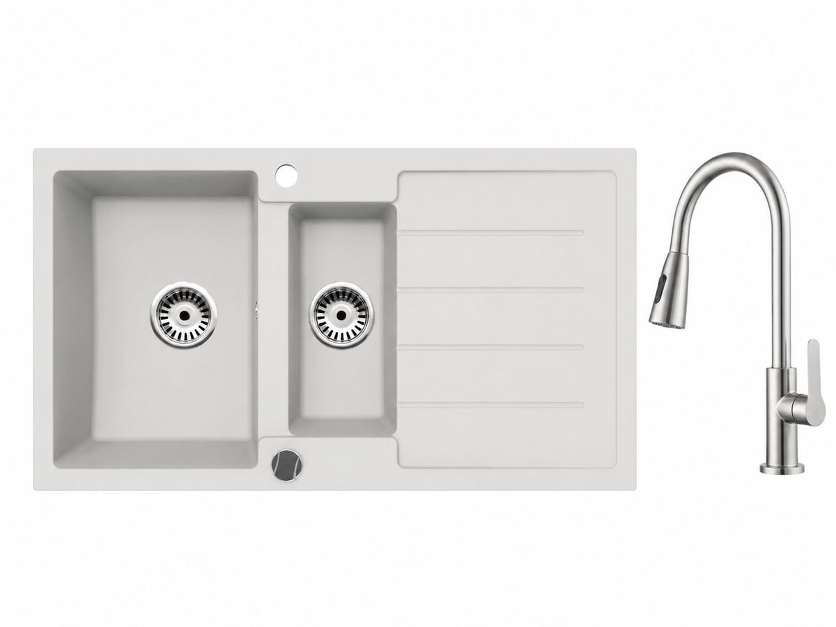 Faizee Home Granitspüle 100 × 50 cm mit 1,5 Becken – inkl. wählbarer Armatur & Siphon-Set