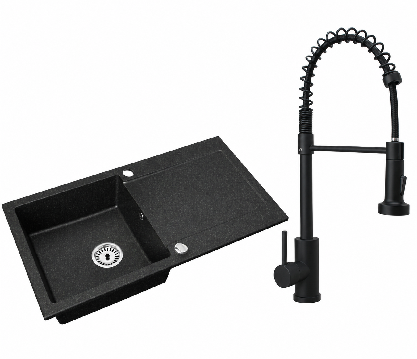 Granitspüle Element mit Abtropffläche – Einbauspüle beidseitig montierbar, inkl. Siphon Mit Armatur
