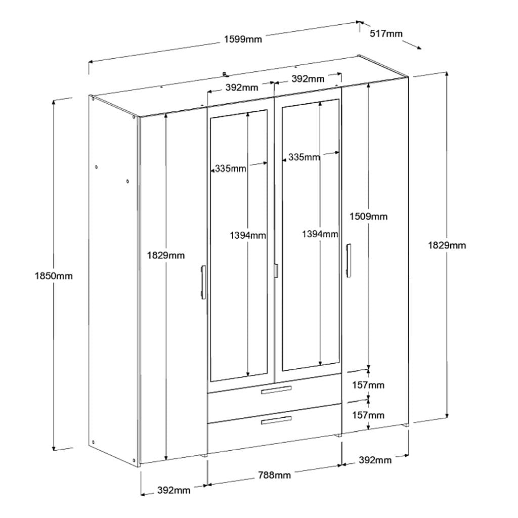 Parisot Daily 23 Kleiderschrank 4-türig mit Spiegel & Schubkästen