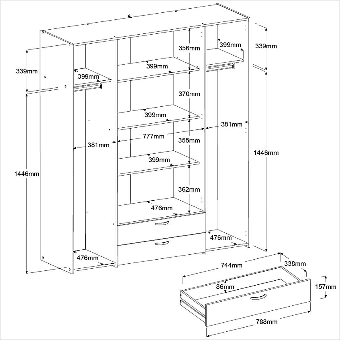 Parisot Daily 3 Kleiderschrank Weiß 160 cm mit Spiegeltüren