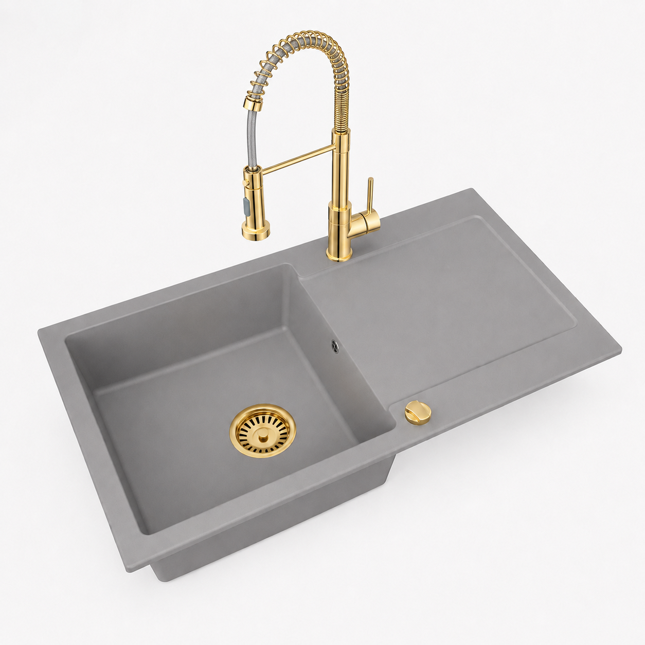 Faizee Home Granitspüle Element 90x50 cm Komplettset mit Gold Armatur & Siphon – wählbar Genial oder Spiral