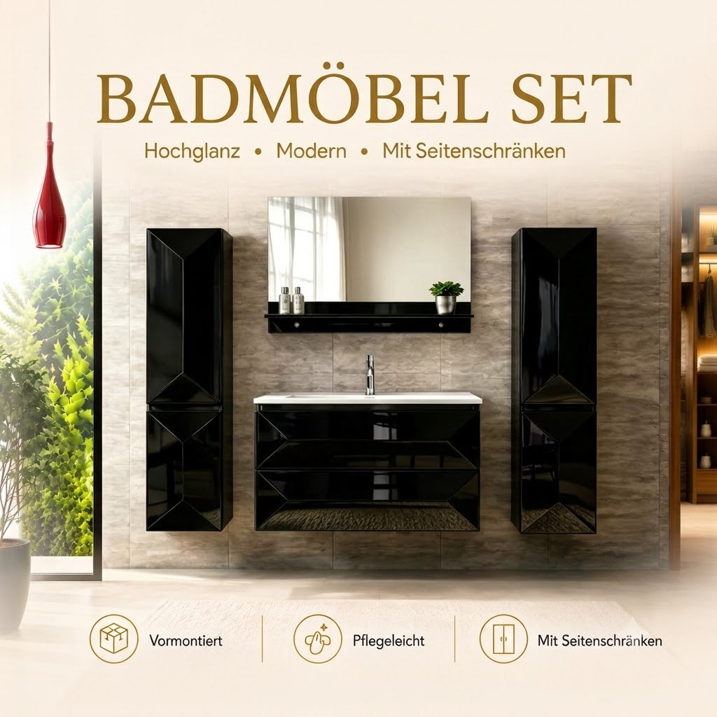 Faizee Home Badmöbel-Set 90 cm Schwarz inkl. Keramik-Waschbecken, Spiegel & wählbaren Seitenschränken