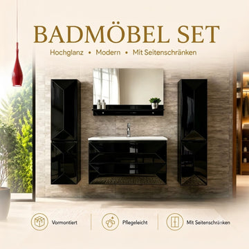 Faizee Home Badmöbel-Set 90 cm Schwarz inkl. Keramik-Waschbecken, Spiegel & wählbaren Seitenschränken
