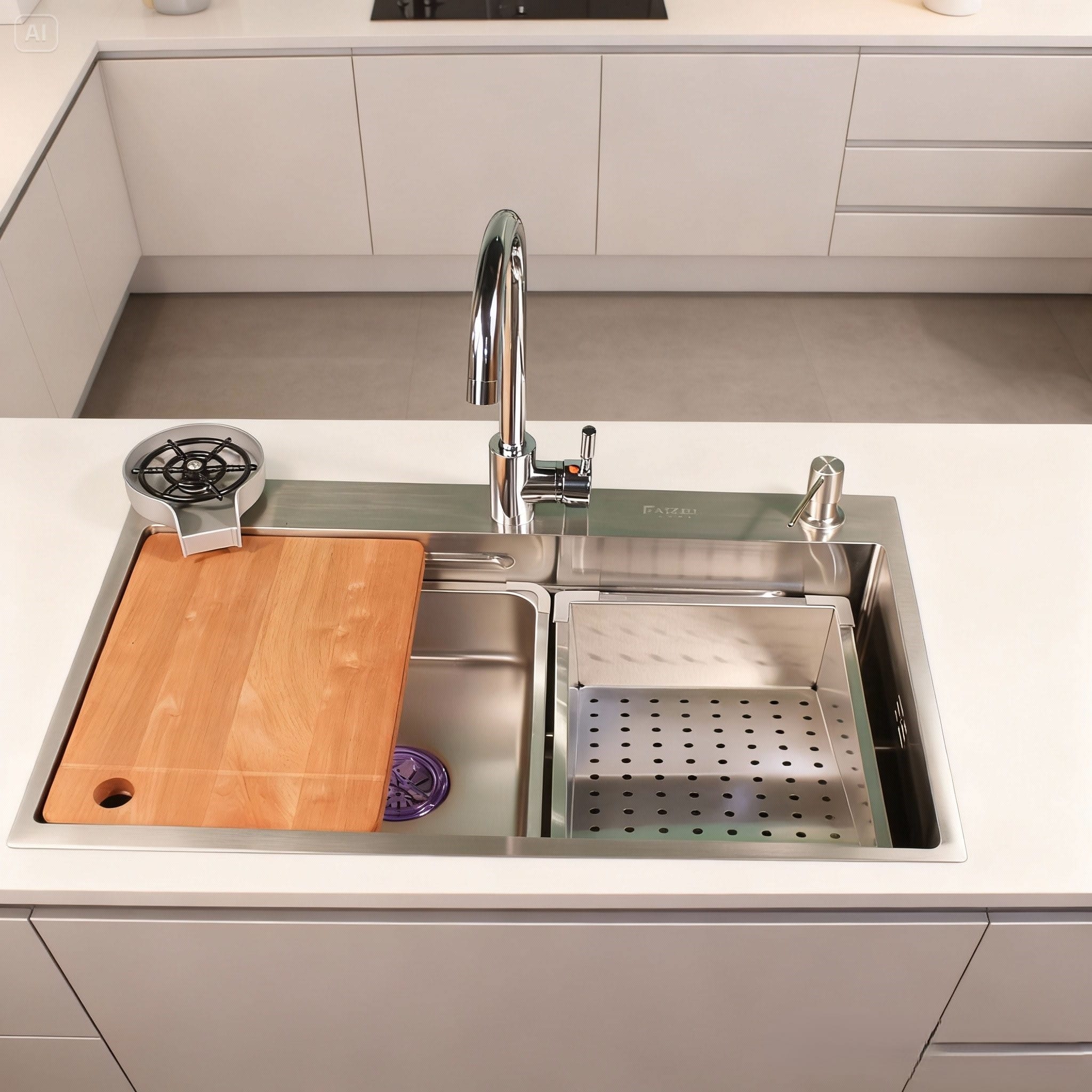 Faizee Home Quantum Edelstahlspüle 75 × 45 × 23 cm – Workstation mit Armatur, Glasreiniger & Zubehör – Graphit oder Silber