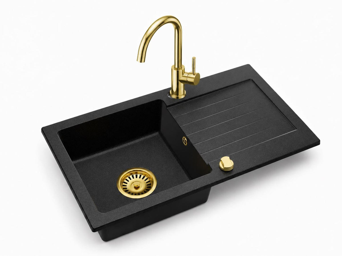Granitspüle Alisha 75 x 43,5 cm mit Armaturenauswahl Gold – inkl. Siphon-Set