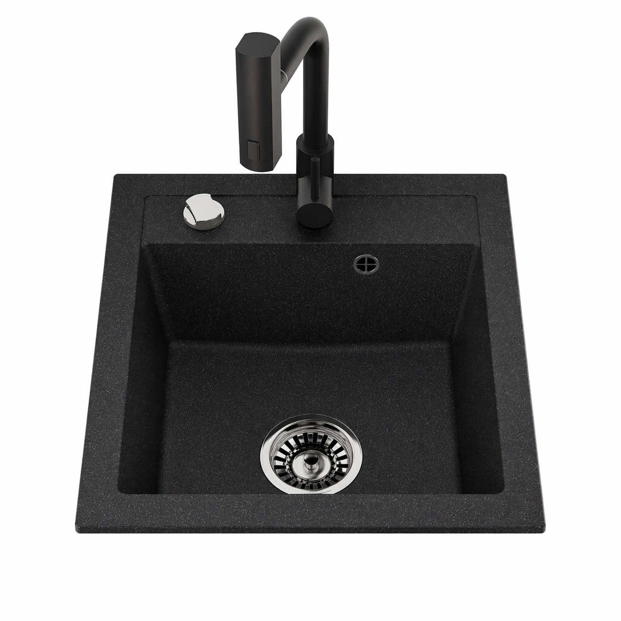 Granitspüle Milano 49x52 cm Schwarz Gesprenkelt mit Armatur & Siphon-Set