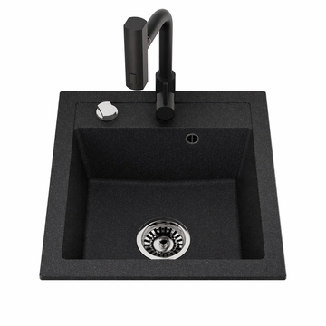 Granitspüle Milano 49x52 cm Schwarz Gesprenkelt mit Armatur & Siphon-Set