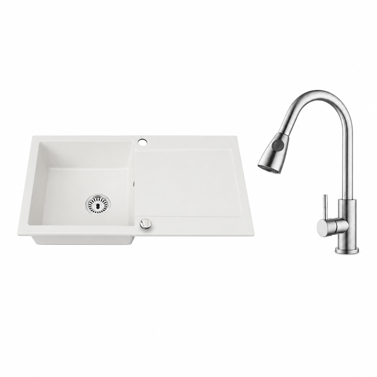 Granitspüle Element mit Abtropffläche – Einbauspüle beidseitig montierbar, inkl. Siphon Mit Armatur
