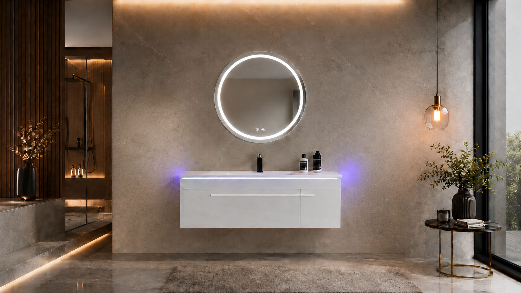 Faizee Home Badmöbelset 120 cm Hochglanz inkl. Keramik-Waschbecken, LED-Spiegel & 2 Seitenschränken