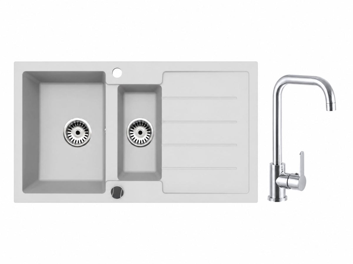 Faizee Home Granitspüle 100 × 50 cm mit 1,5 Becken – inkl. wählbarer Armatur & Siphon-Set
