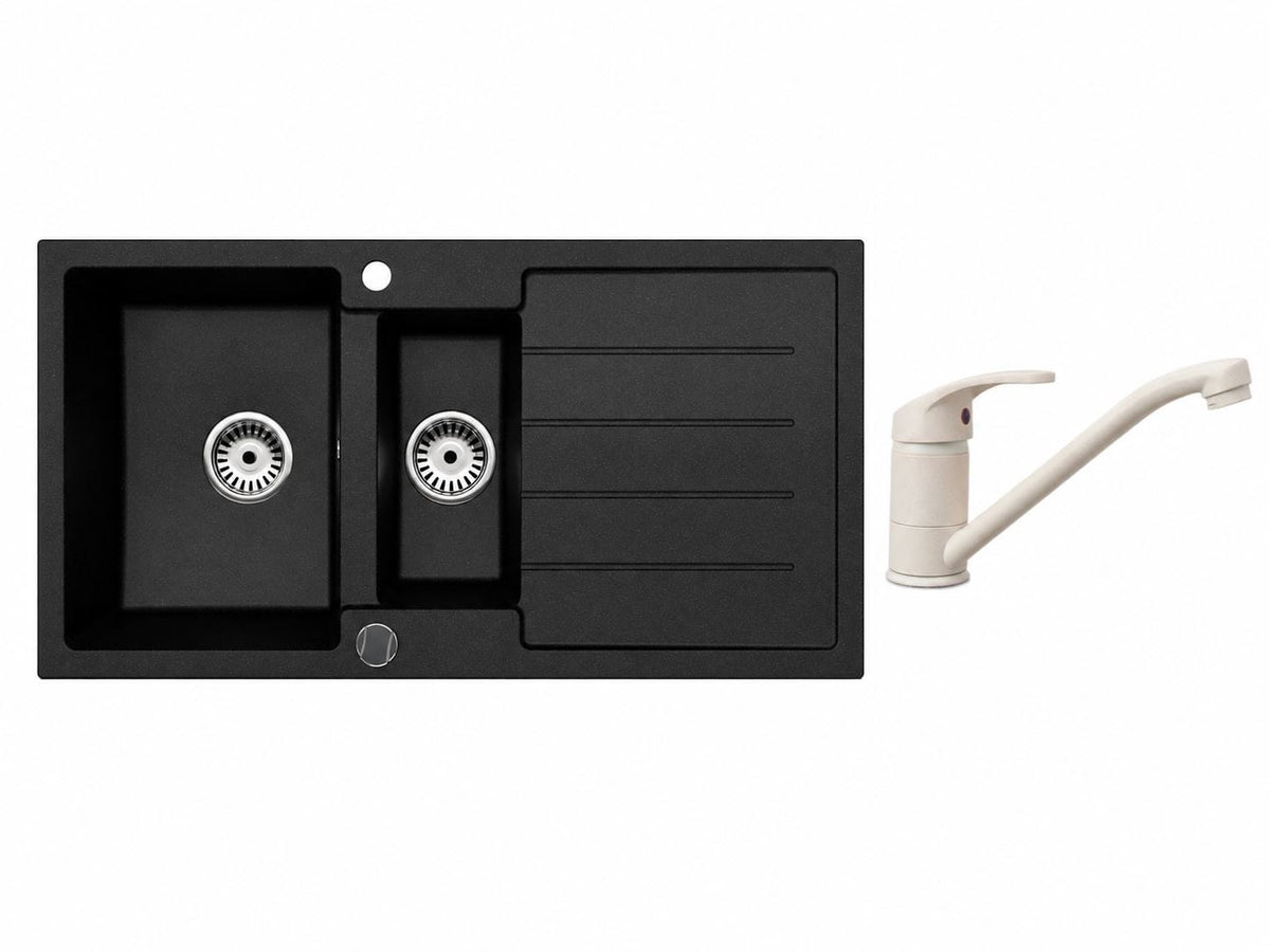 Faizee Home Granitspüle 100 × 50 cm mit 1,5 Becken – inkl. wählbarer Armatur & Siphon-Set
