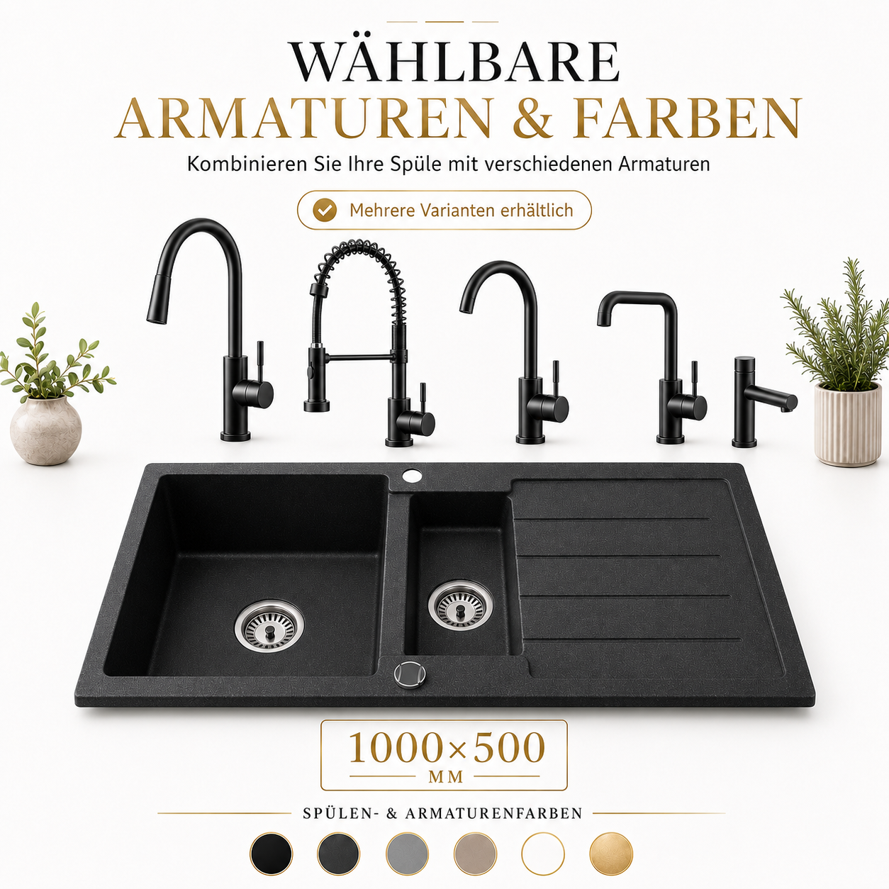 Faizee Home Granitspüle 100 × 50 cm mit 1,5 Becken – inkl. wählbarer Armatur & Siphon-Set