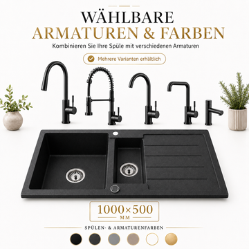 Faizee Home Granitspüle 100 × 50 cm mit 1,5 Becken – inkl. wählbarer Armatur & Siphon-Set