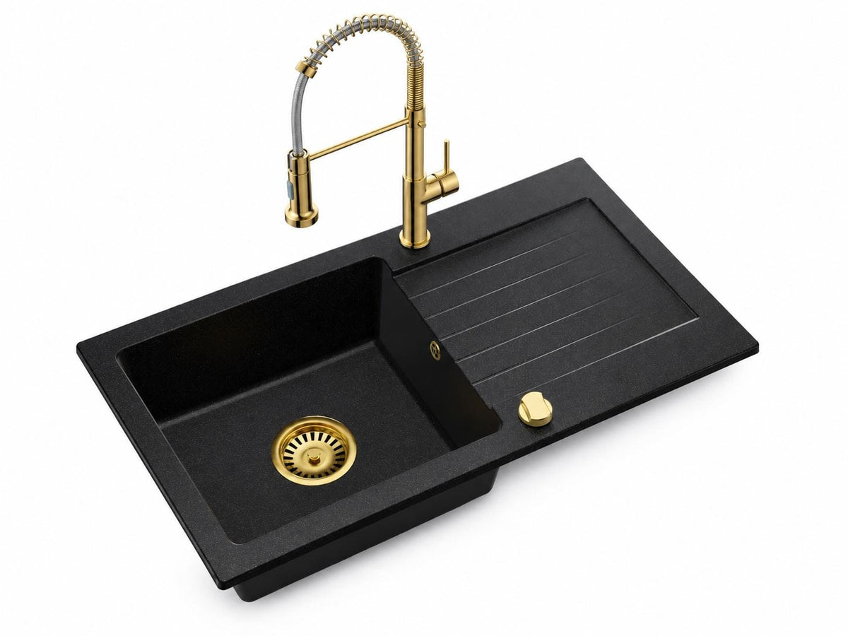 Granitspüle Alisha 75 x 43,5 cm mit Armaturenauswahl Gold – inkl. Siphon-Set
