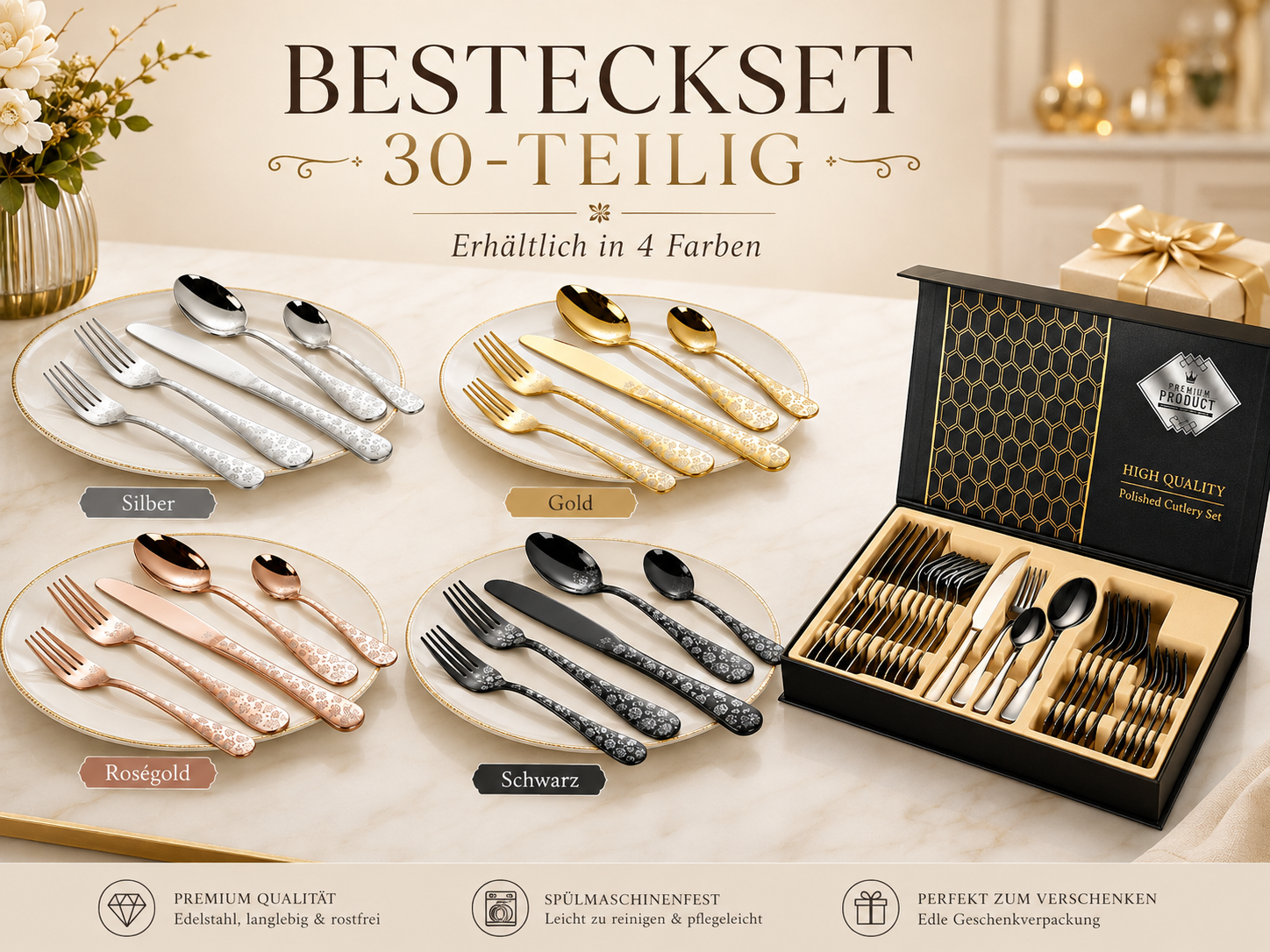 Faizee Home FLORA Edelstahl-Besteckset 30-teilig – Elegantes Ornament-Design – Für Alltag, Gäste & festliche Anlässe