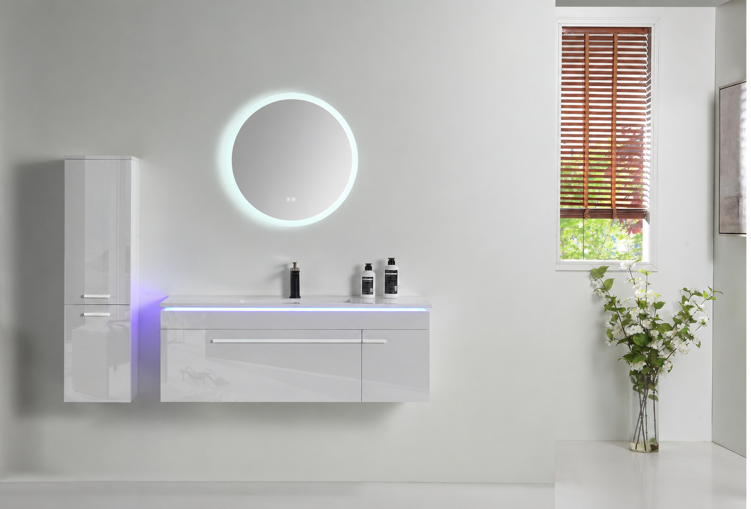 Faizee Home Badmöbelset 90 cm Hochglanz inkl. Keramik-Waschbecken, LED-Spiegel & vormontiertem Unterschrank