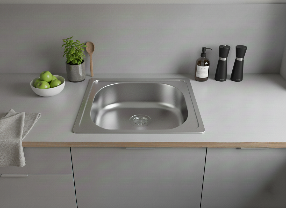 Eingebaute Edelstahlspüle in verschiedenen Größen, inklusive Siphon-Set und Armaturen