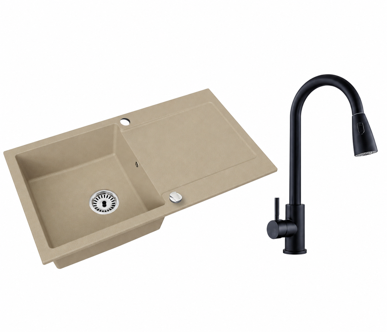 Granitspüle Element mit Abtropffläche – Einbauspüle beidseitig montierbar, inkl. Siphon Mit Armatur