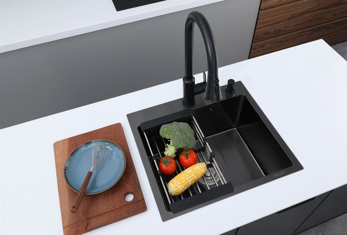 Faizee Home Future Serie Edelstahlspüle Schwarz mit Spülkorb, Seifenspender & Armaturenauswahl