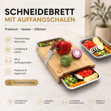 Faizee Home Holz Schneidebrett mit Auffangschalen – Praktisches Küchenbrett mit integrierten Schubladen