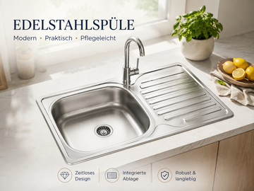 Faizee Home Edelstahl-Einbauspüle 76 × 43,5 cm – Mit Abtropffläche, Siphon & Spülmaschinenanschluss