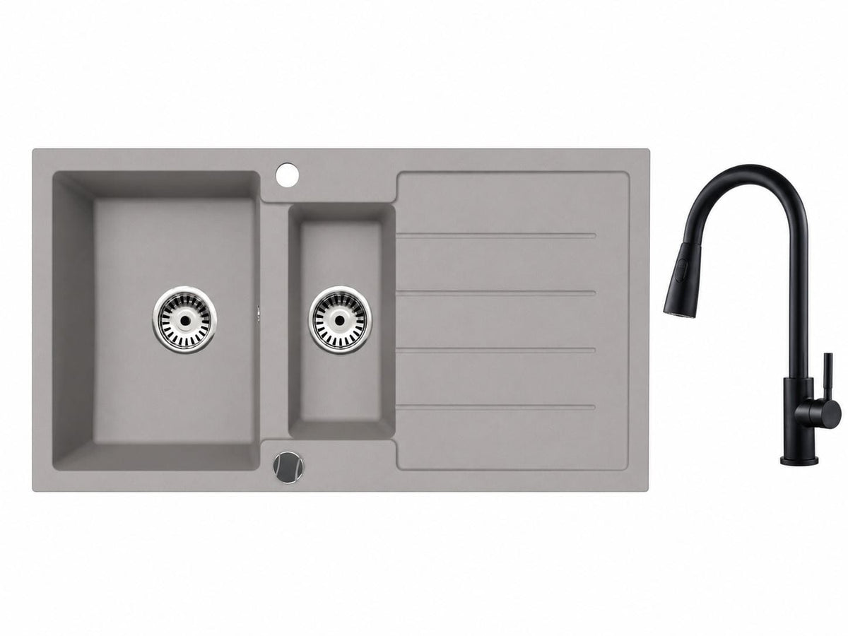 Faizee Home Granitspüle 100 × 50 cm mit 1,5 Becken – inkl. wählbarer Armatur & Siphon-Set