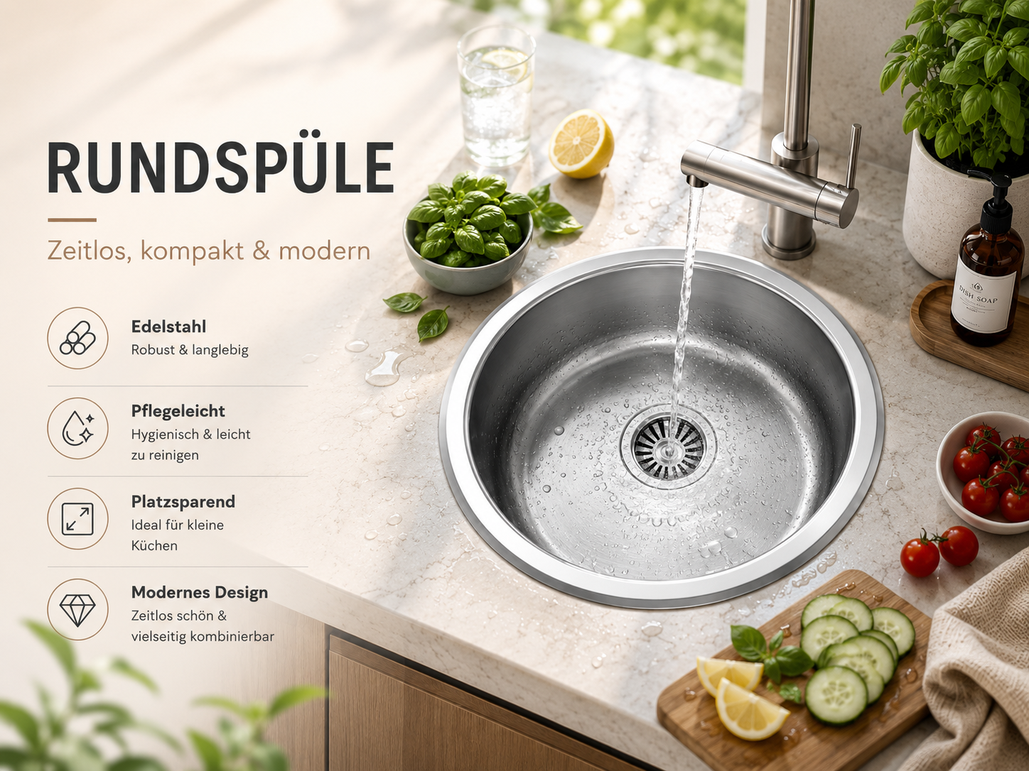 Faizee Home Edelstahl-Rundspüle Ø 42 cm – Mit Küchenarmatur, Siphon & Spülmaschinenanschluss