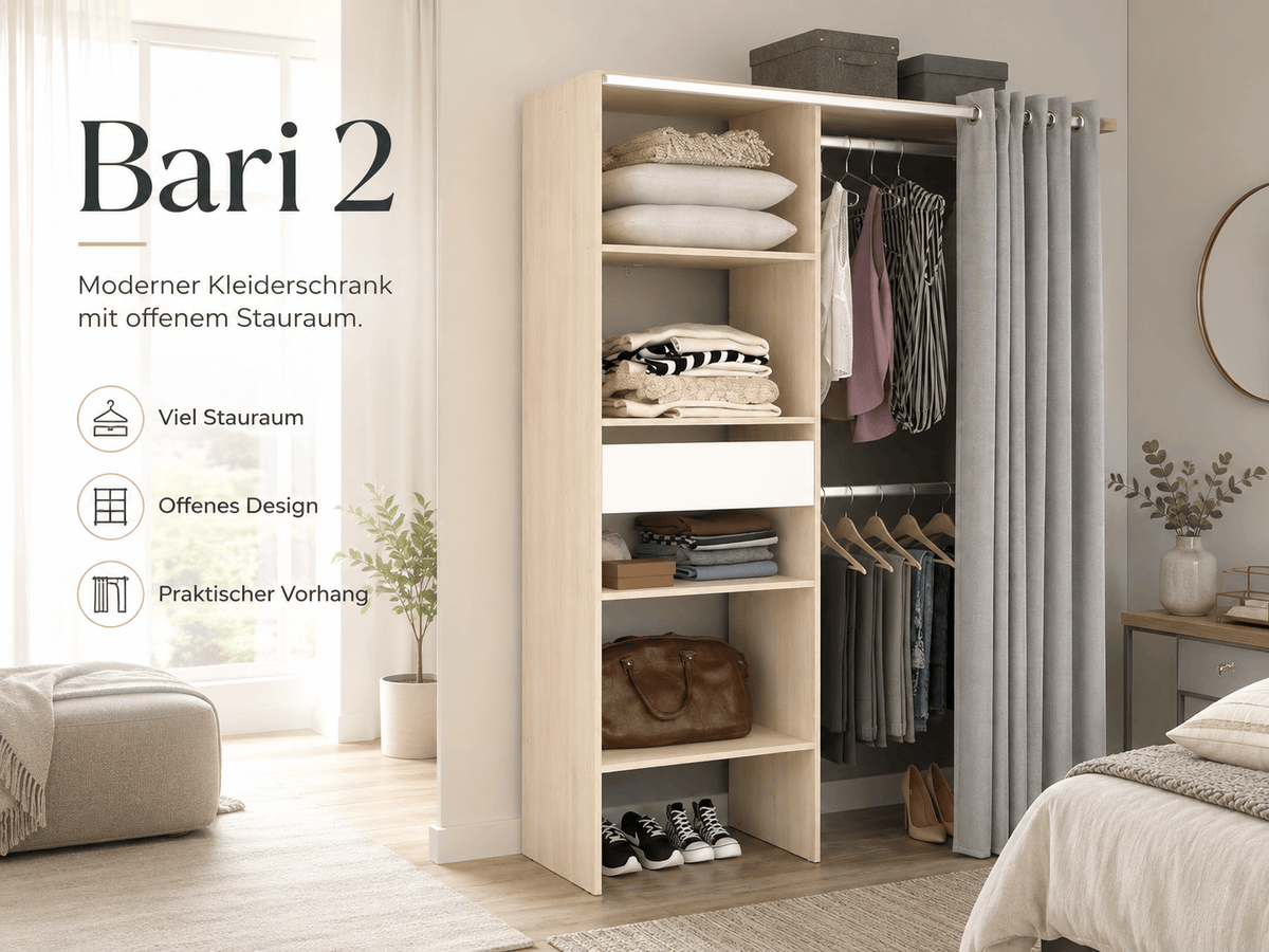 Parisot Kleiderschrank Bari 2 Akazie – 143x182 cm mit Stoffvorhang & Schublade
