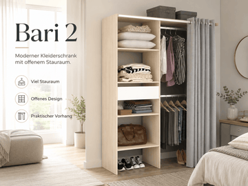 Parisot Kleiderschrank Bari 2 Akazie – 143x182 cm mit Stoffvorhang & Schublade