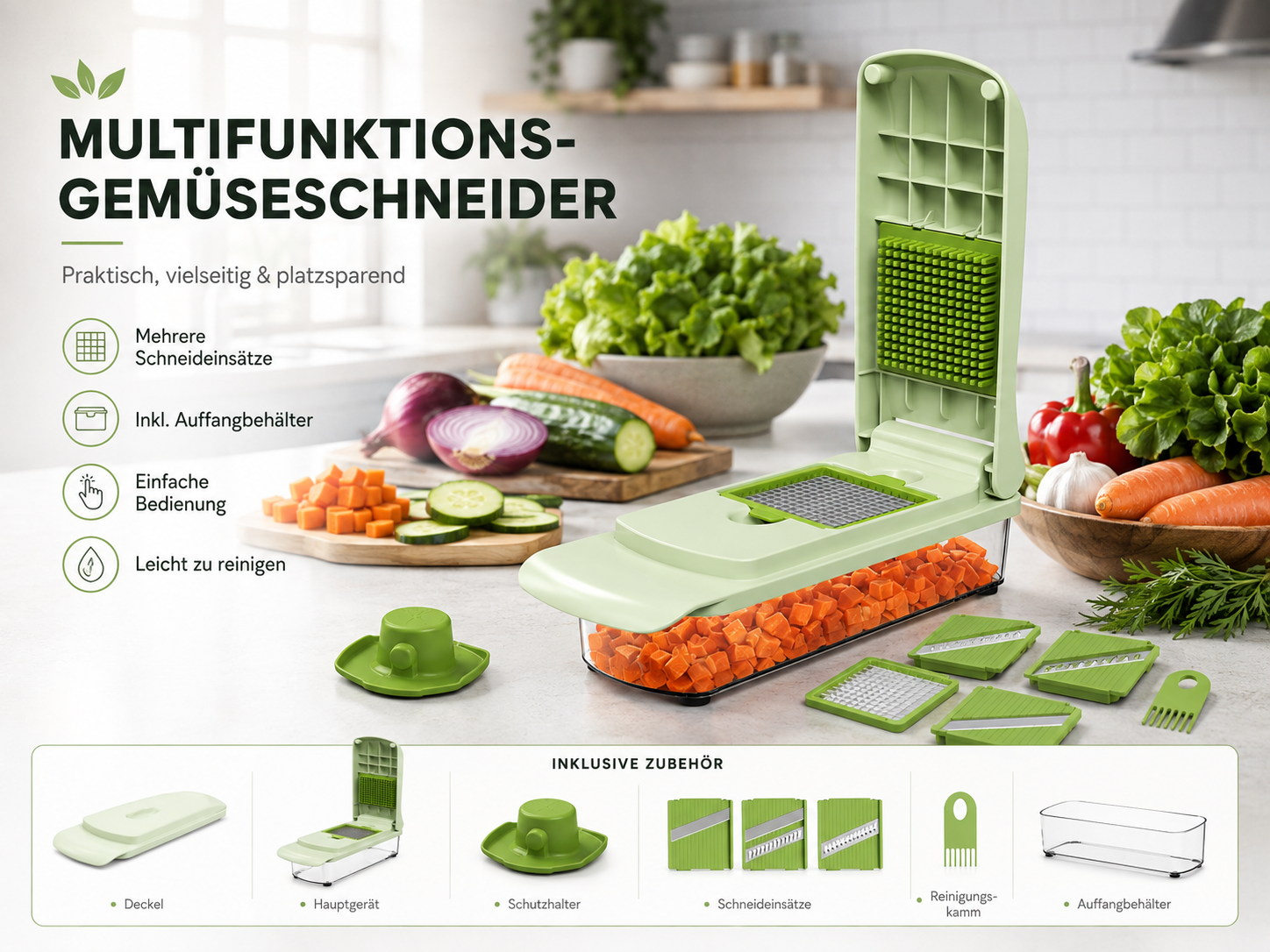 Faizee Home Green Edge Gemüseschneider – Manuell mit Druckmechanismus – Schneiden, Zerkleinern