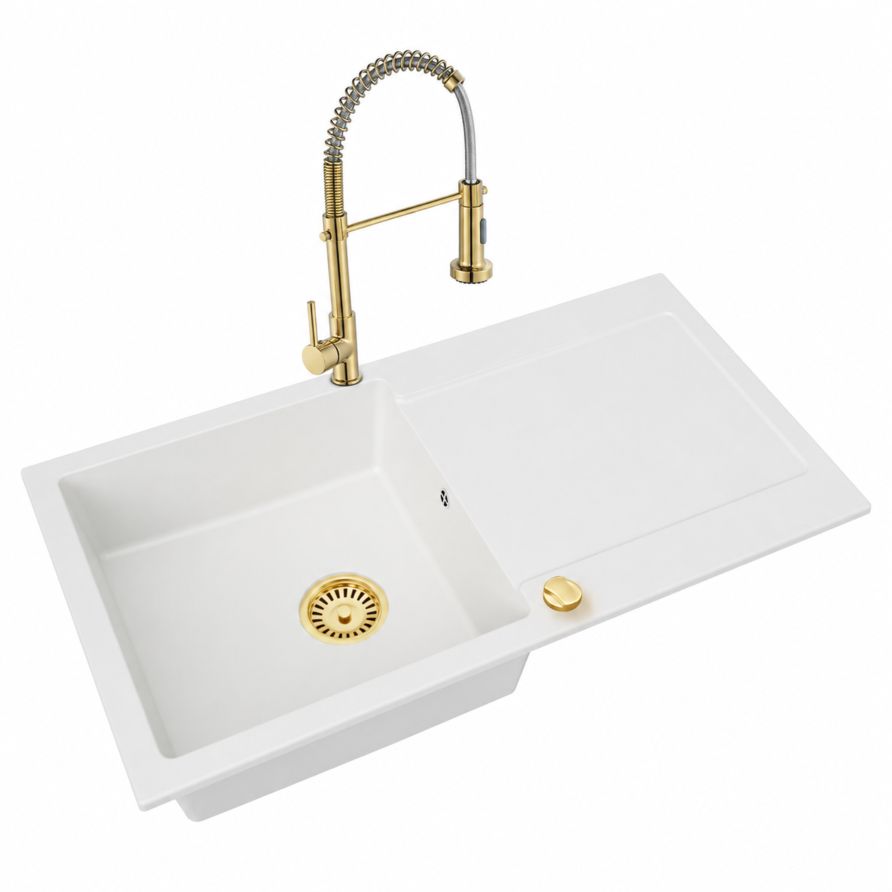 Faizee Home Granitspüle Element 90x50 cm Komplettset mit Gold Armatur & Siphon – wählbar Genial oder Spiral