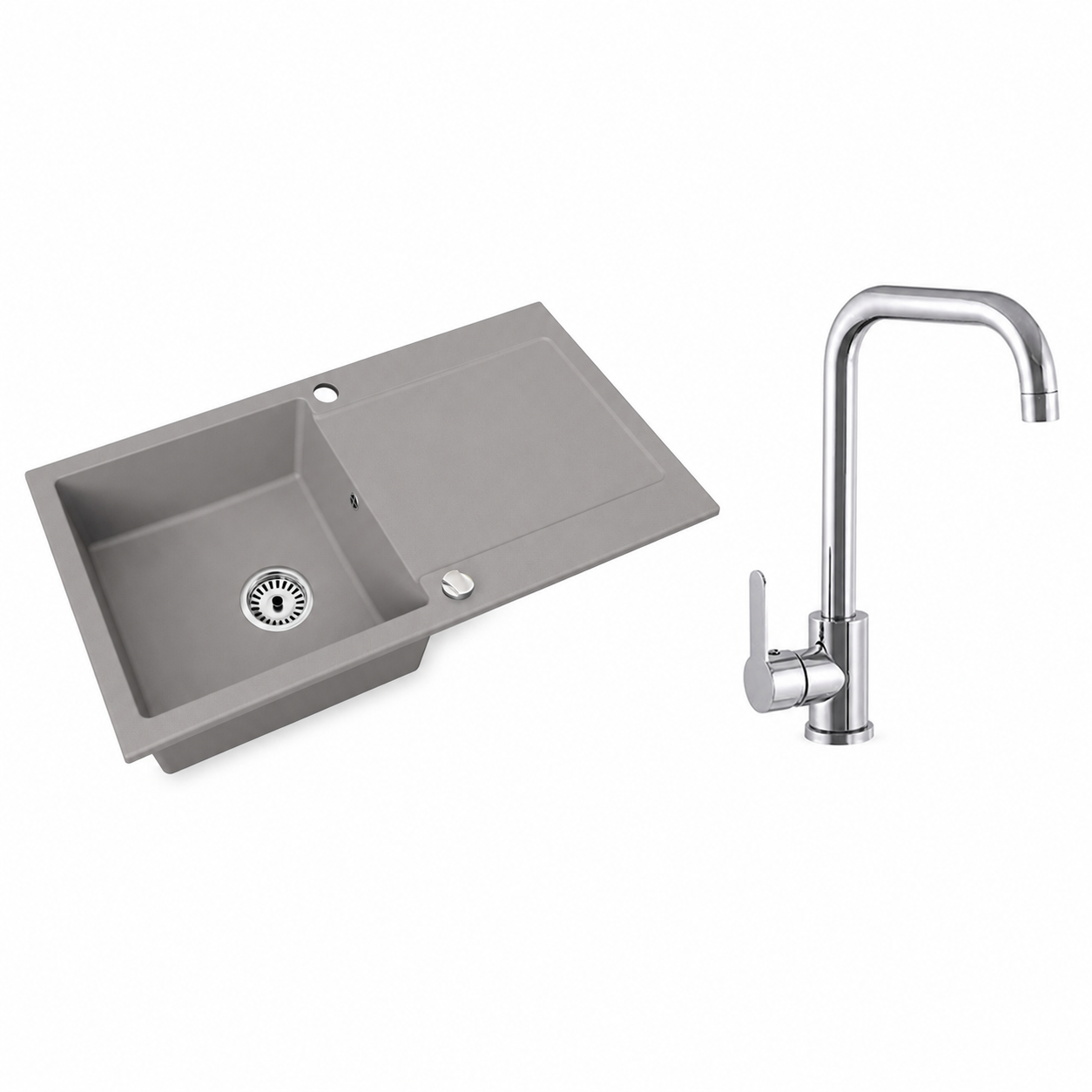 Granitspüle Element mit Abtropffläche – Einbauspüle beidseitig montierbar, inkl. Siphon Mit Armatur