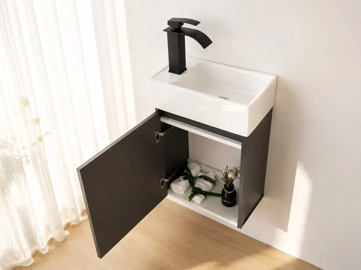 Faizee Home Alkan Badmöbel Set 40 cm Hochglanz – Waschbecken, optional Spiegel & Armatur