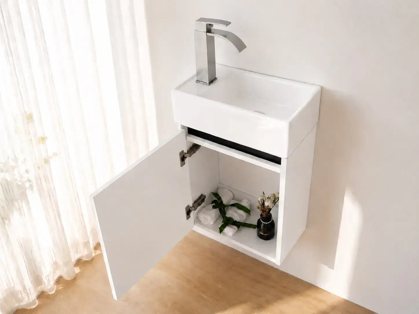Faizee Home Alkan Badmöbel Set 40 cm Hochglanz – Waschbecken, optional Spiegel & Armatur