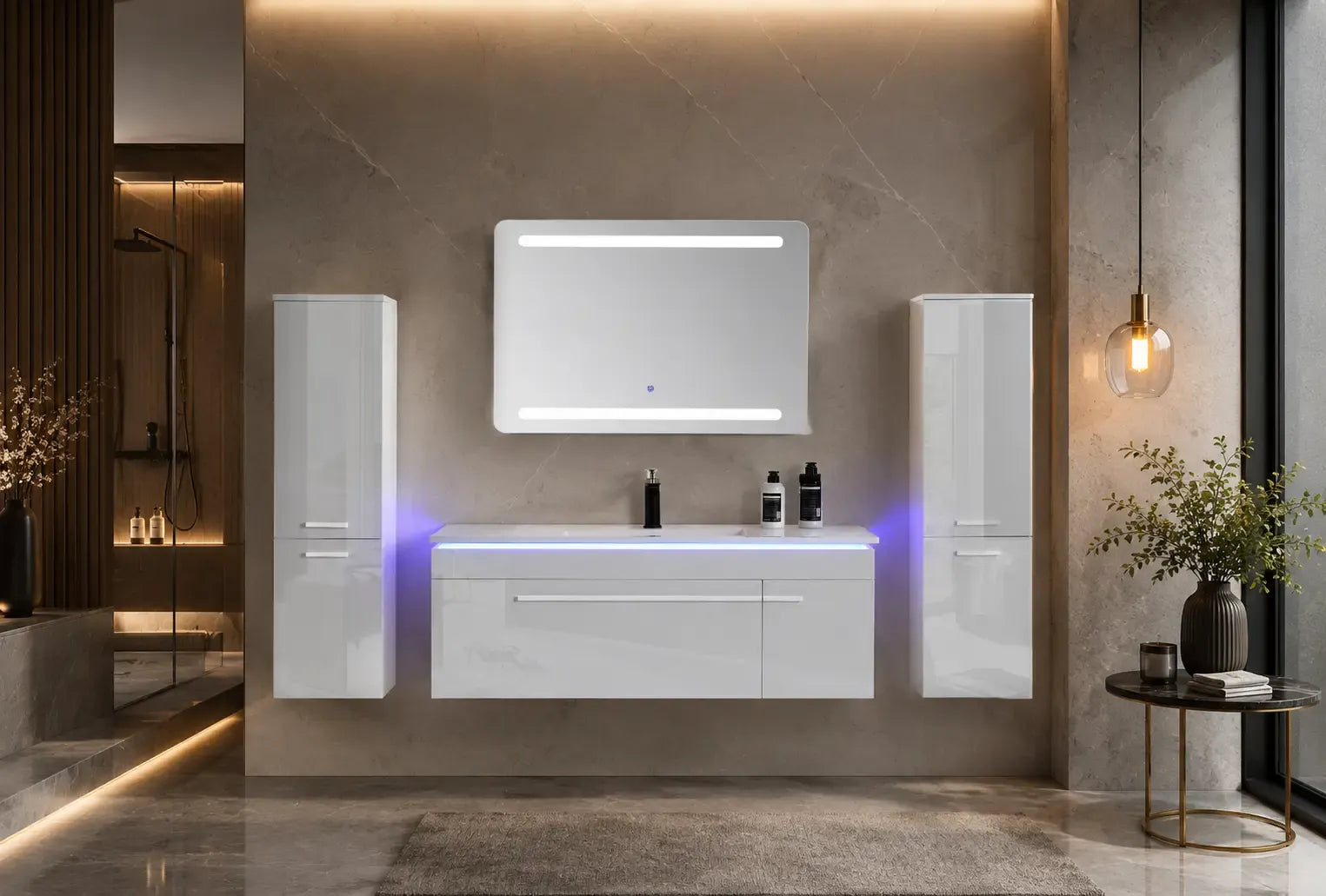 Faizee Home Badmöbelset 120 cm Hochglanz inkl. Keramik-Waschbecken, LED-Spiegel & 2 Seitenschränken