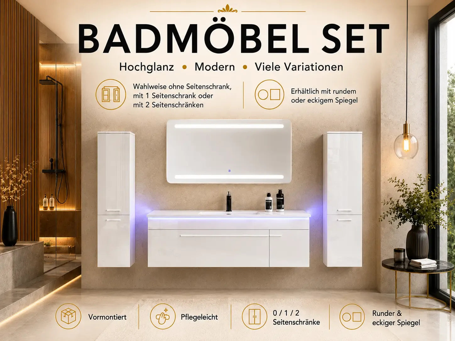 Faizee Home Badmöbelset 120 cm Hochglanz inkl. Keramik-Waschbecken, LED-Spiegel & 2 Seitenschränken