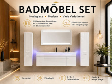 Faizee Home Badmöbelset 120 cm Hochglanz inkl. Keramik-Waschbecken, LED-Spiegel & 2 Seitenschränken