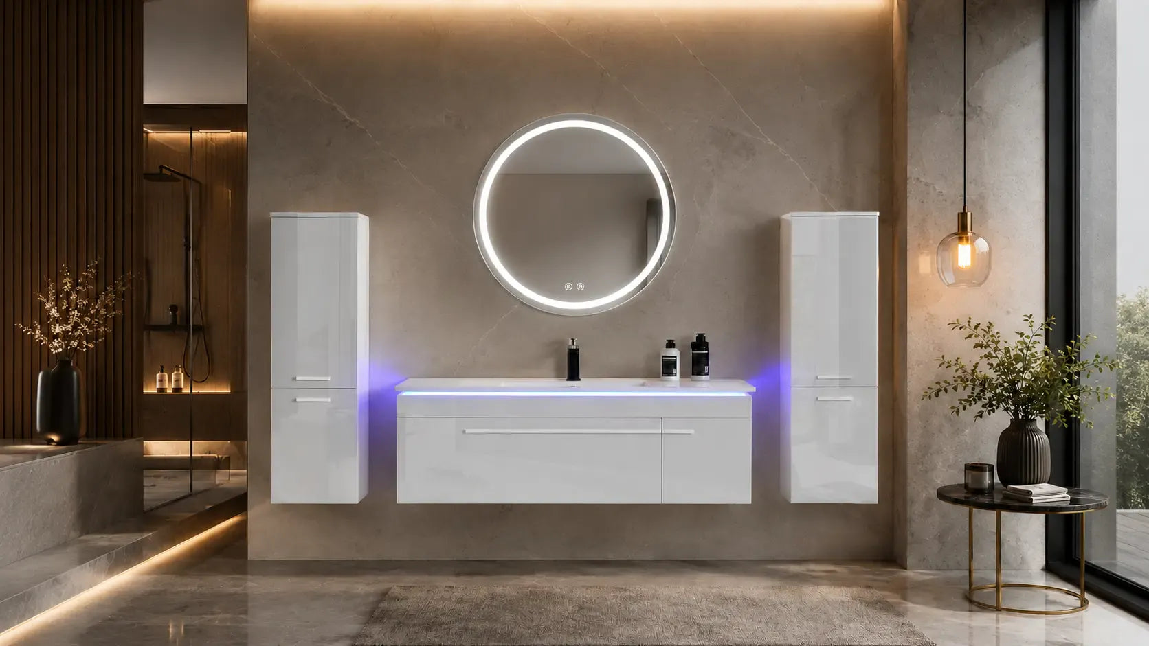 Faizee Home Badmöbelset 120 cm Hochglanz inkl. Keramik-Waschbecken, LED-Spiegel & 2 Seitenschränken
