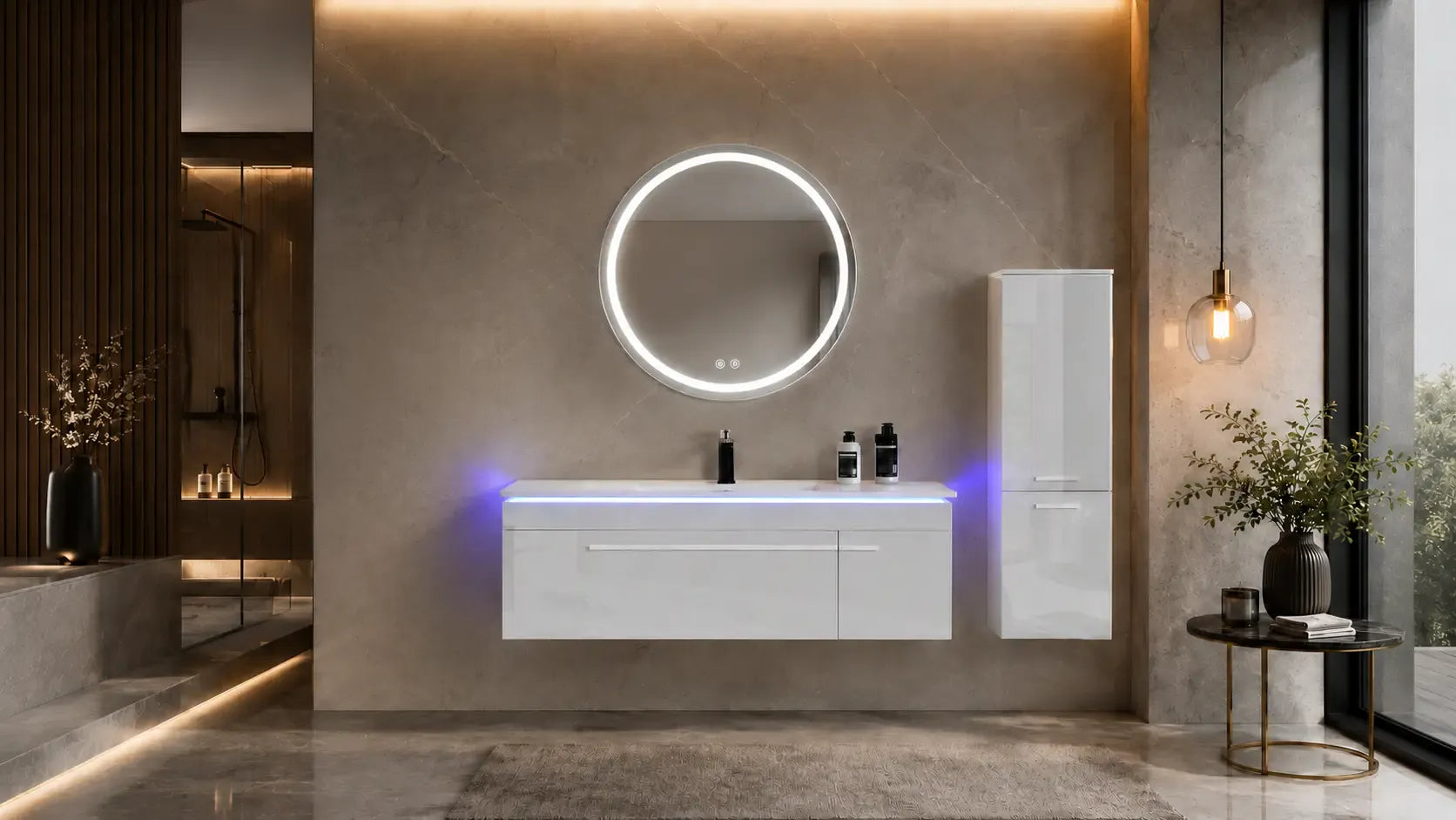 Faizee Home Badmöbelset 120 cm Hochglanz inkl. Keramik-Waschbecken, LED-Spiegel & 2 Seitenschränken