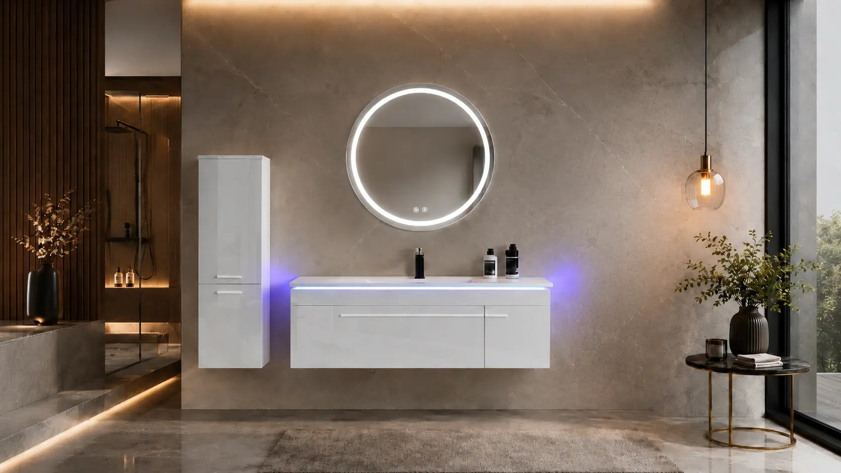Faizee Home Badmöbelset 120 cm Hochglanz inkl. Keramik-Waschbecken, LED-Spiegel & 2 Seitenschränken