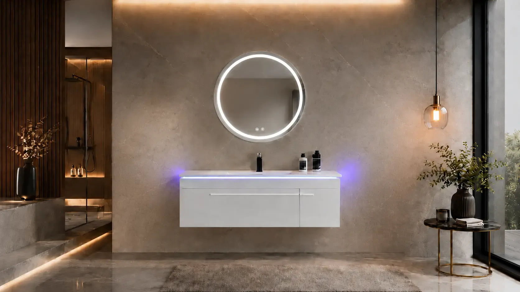 Faizee Home Badmöbelset 120 cm Hochglanz inkl. Keramik-Waschbecken, LED-Spiegel & 2 Seitenschränken