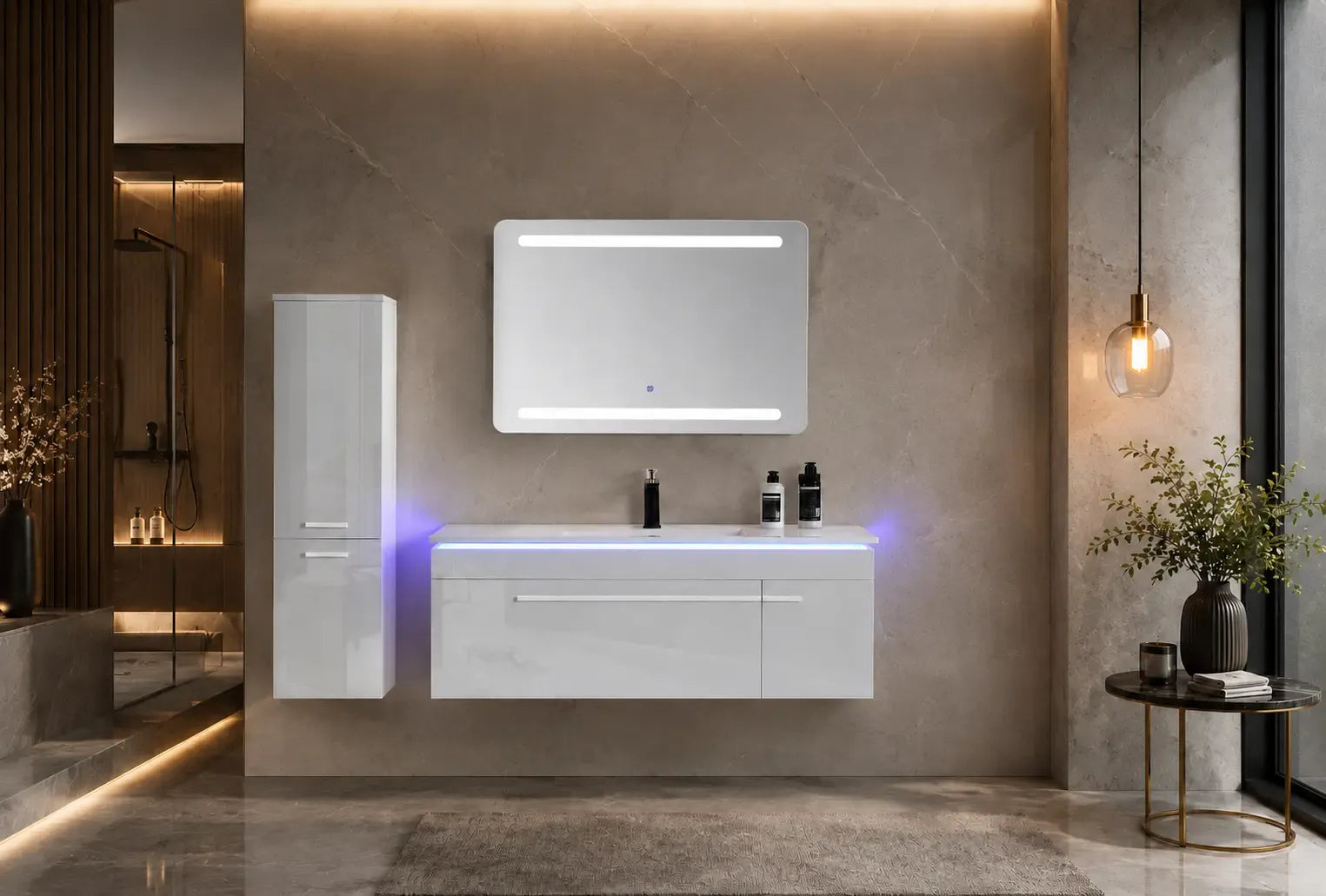 Faizee Home Badmöbelset 120 cm Hochglanz inkl. Keramik-Waschbecken, LED-Spiegel & 2 Seitenschränken