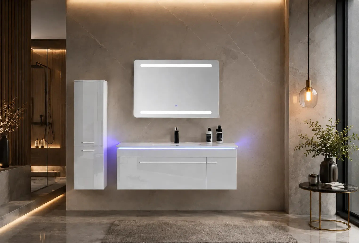 Faizee Home Badmöbelset 120 cm Hochglanz inkl. Keramik-Waschbecken, LED-Spiegel & 2 Seitenschränken