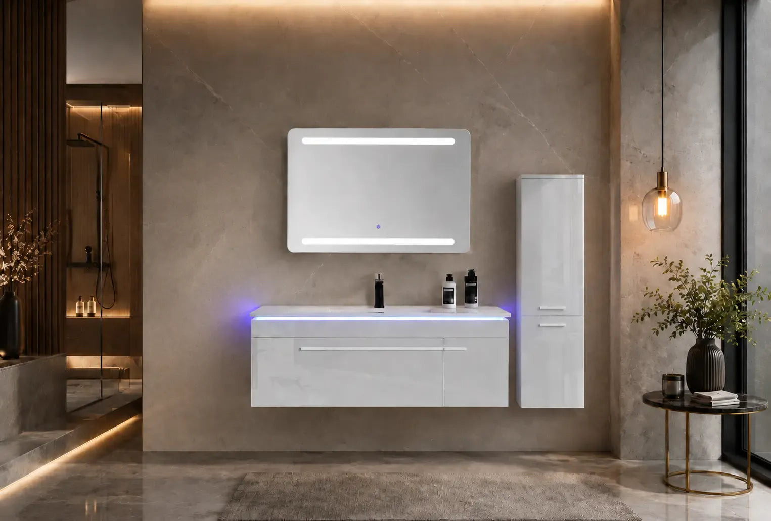 Faizee Home Badmöbelset 120 cm Hochglanz inkl. Keramik-Waschbecken, LED-Spiegel & 2 Seitenschränken