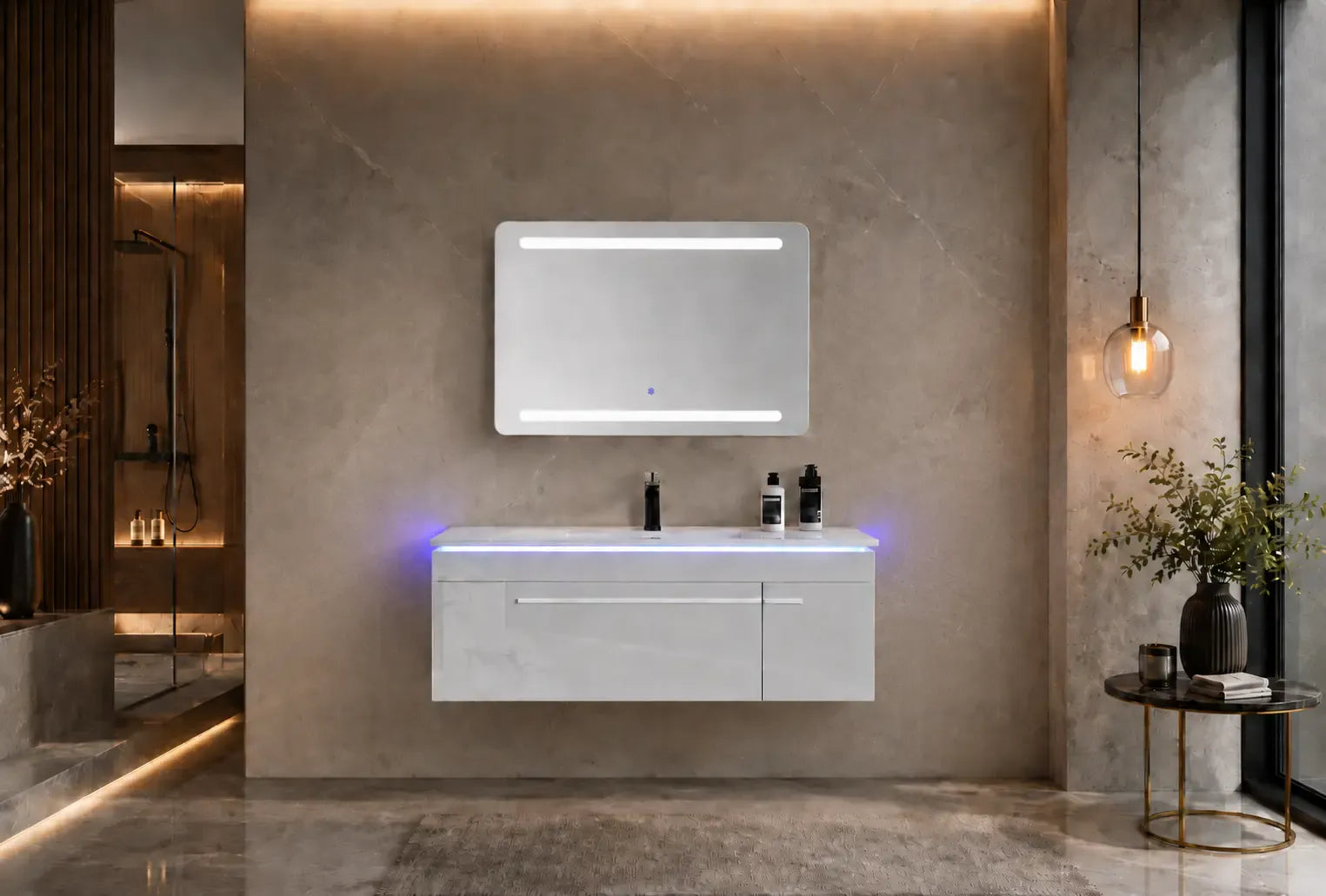 Faizee Home Badmöbelset 120 cm Hochglanz inkl. Keramik-Waschbecken, LED-Spiegel & 2 Seitenschränken