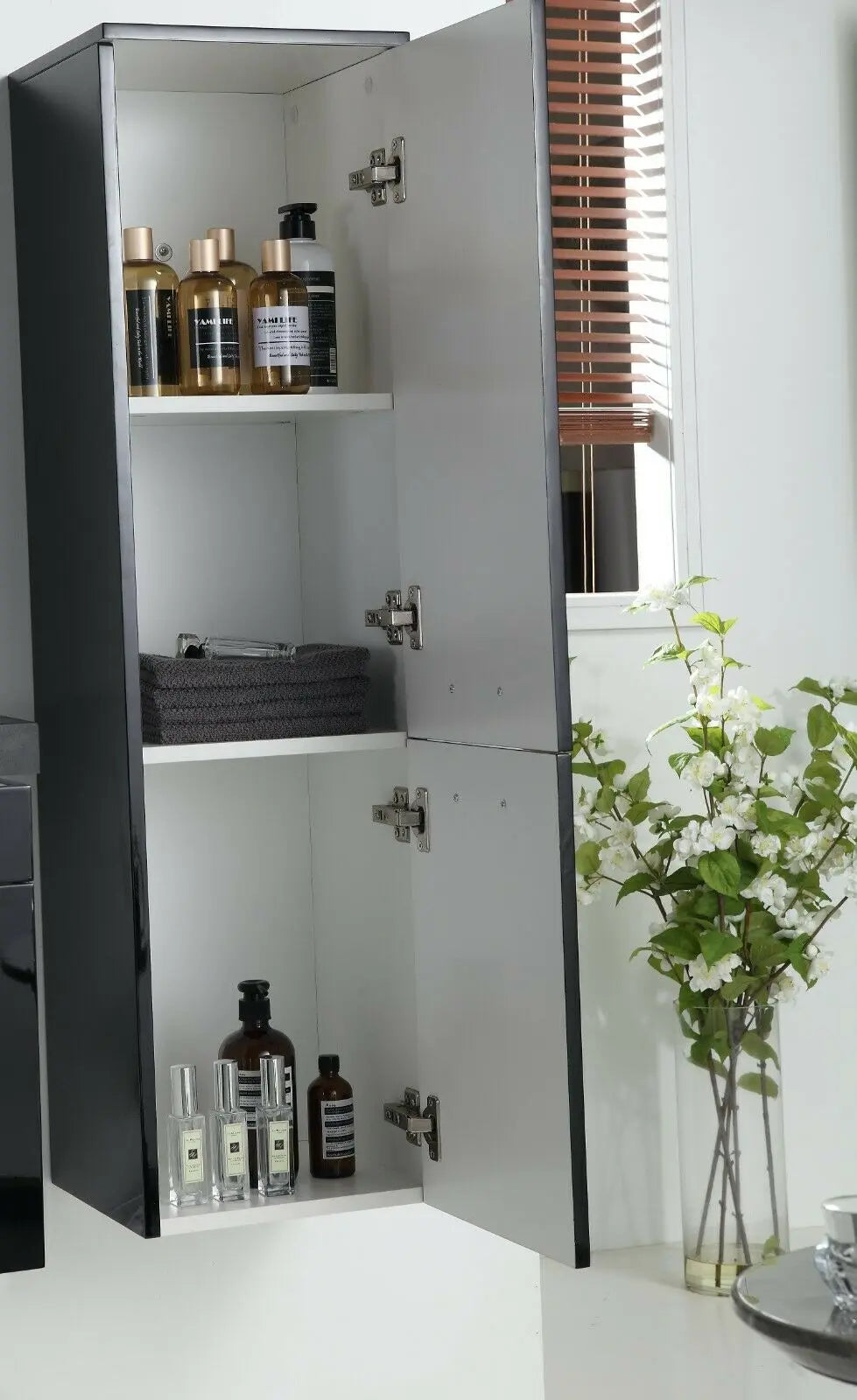 Faizee Home Badmöbelset 90 cm Schwarz Hochglanz inkl. Keramik-Waschbecken, LED-Spiegel & optionalen Seitenschränken