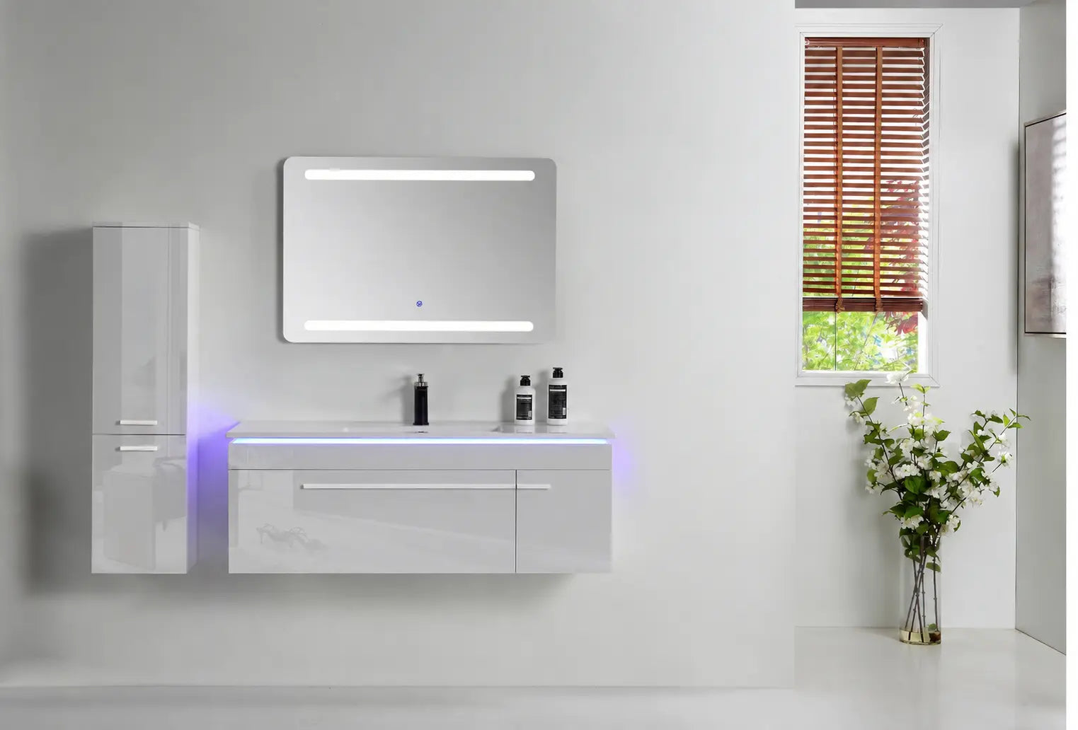 Faizee Home Badmöbelset 90 cm Hochglanz inkl. Keramik-Waschbecken, LED-Spiegel & vormontiertem Unterschrank