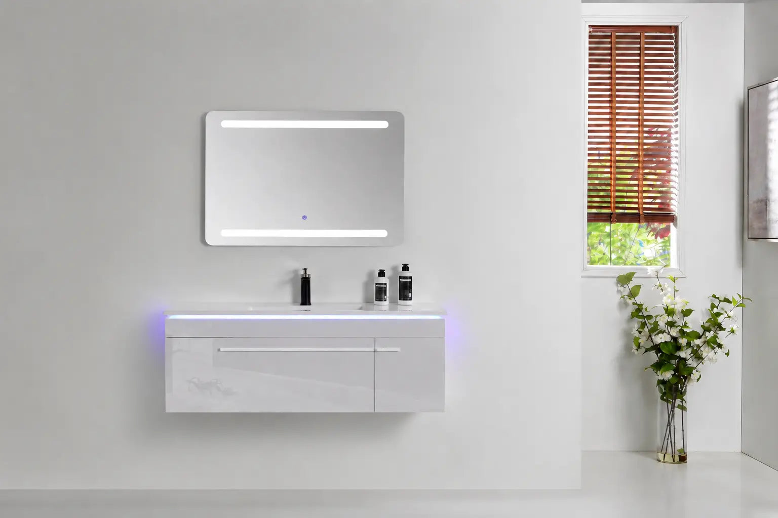 Faizee Home Badmöbelset 90 cm Hochglanz inkl. Keramik-Waschbecken, LED-Spiegel & vormontiertem Unterschrank