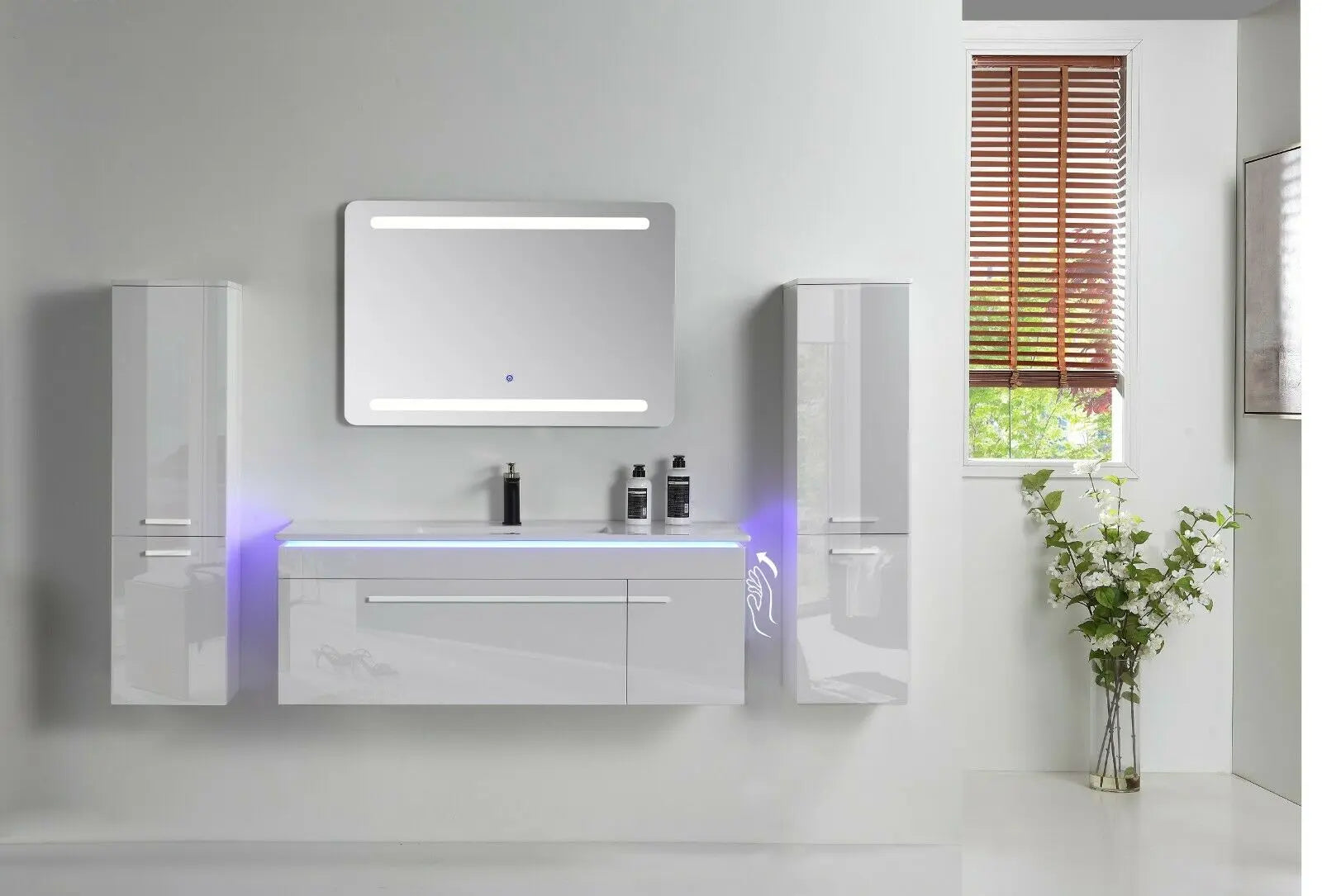 Faizee Home Badmöbelset 90 cm Hochglanz inkl. Keramik-Waschbecken, LED-Spiegel & vormontiertem Unterschrank